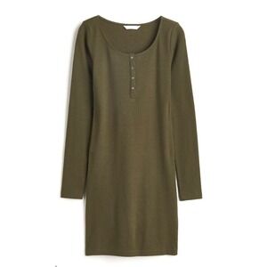 H&M Womens Ribbed Henley Dress Medium Olive Minimalist Softcore 90s Lounge Basic